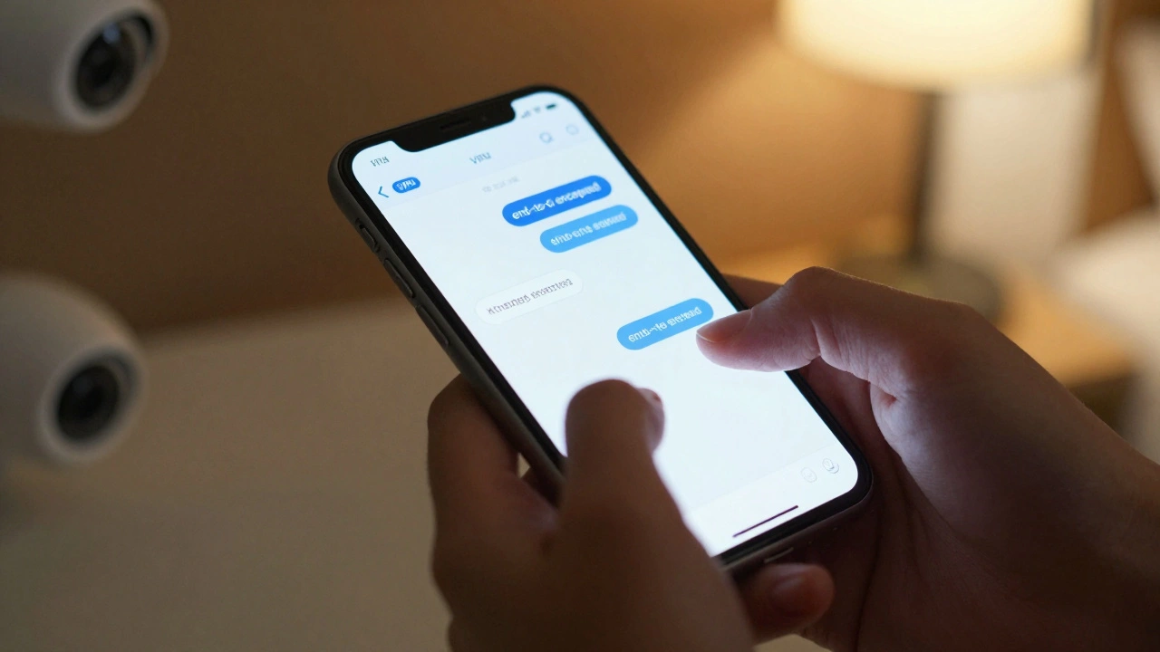 Hand typing on a smartphone with encrypted messaging and VPN indicator visible in low light.