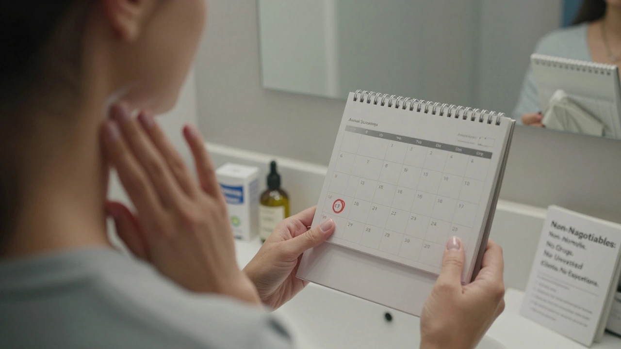 Hands applying skincare with a checklist for safety and health beside a calendar marked for one workday a week.