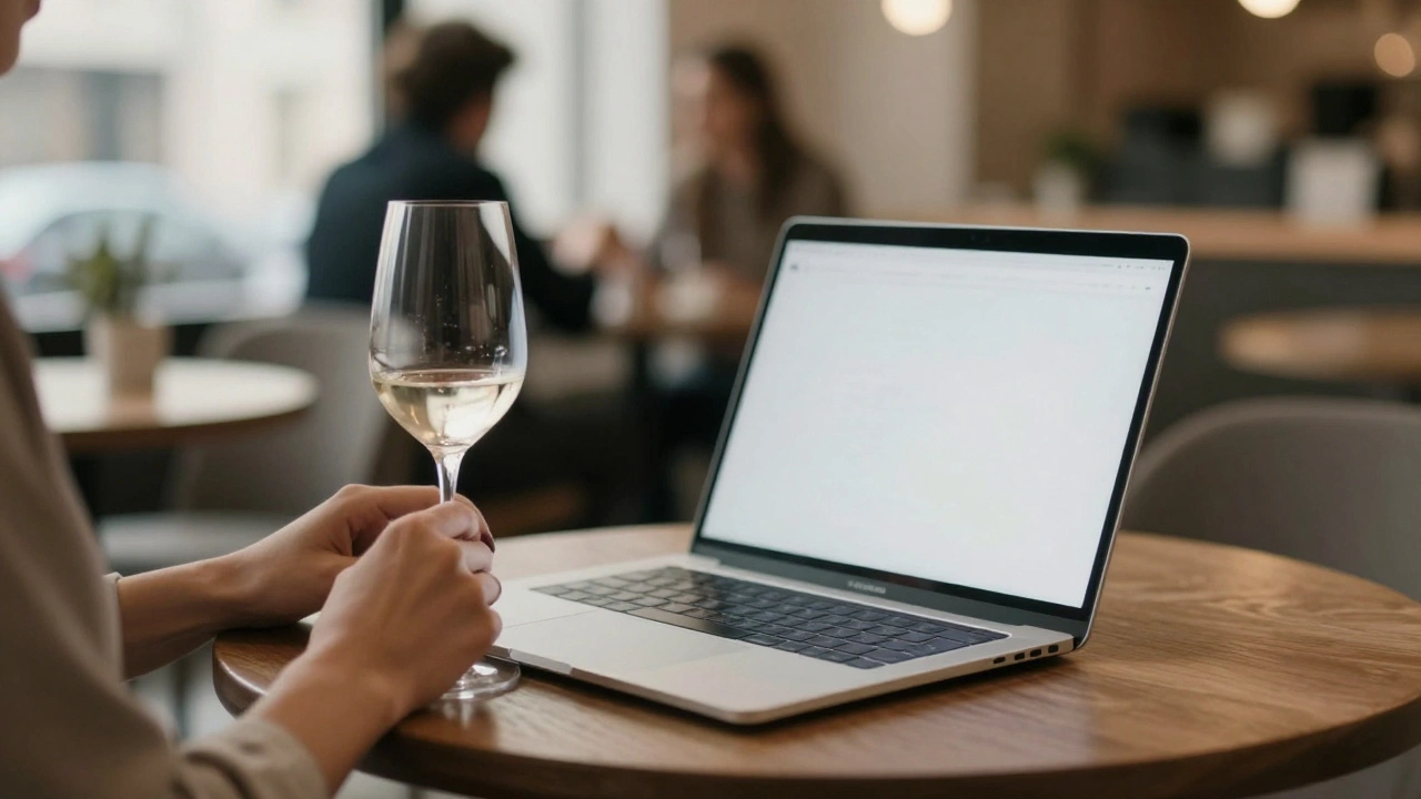 Hands holding a wine glass and laptop in a cozy Moscow café, soft daylight, no face visible, authentic and discreet atmosphere.