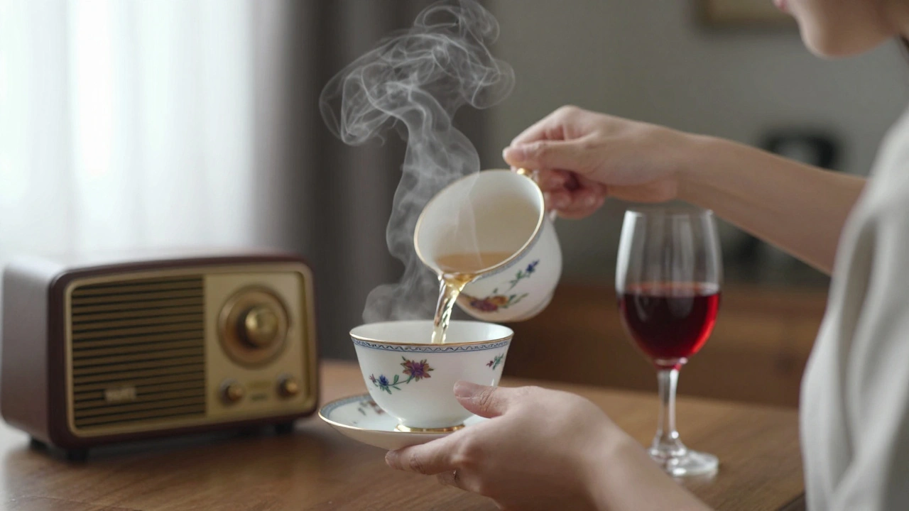 Hands pouring tea in a softly lit room, wine glass and vintage radio in background.