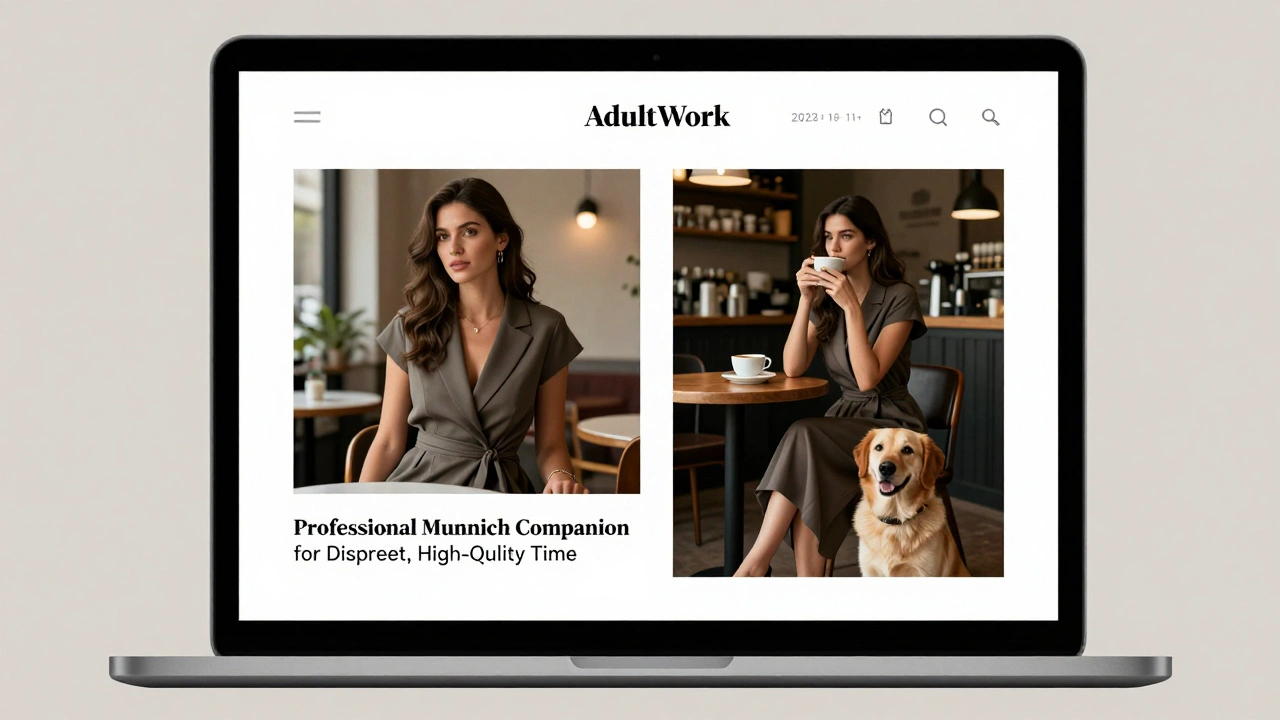 Minimalist escort profile on laptop with professional photos and discreet headline.