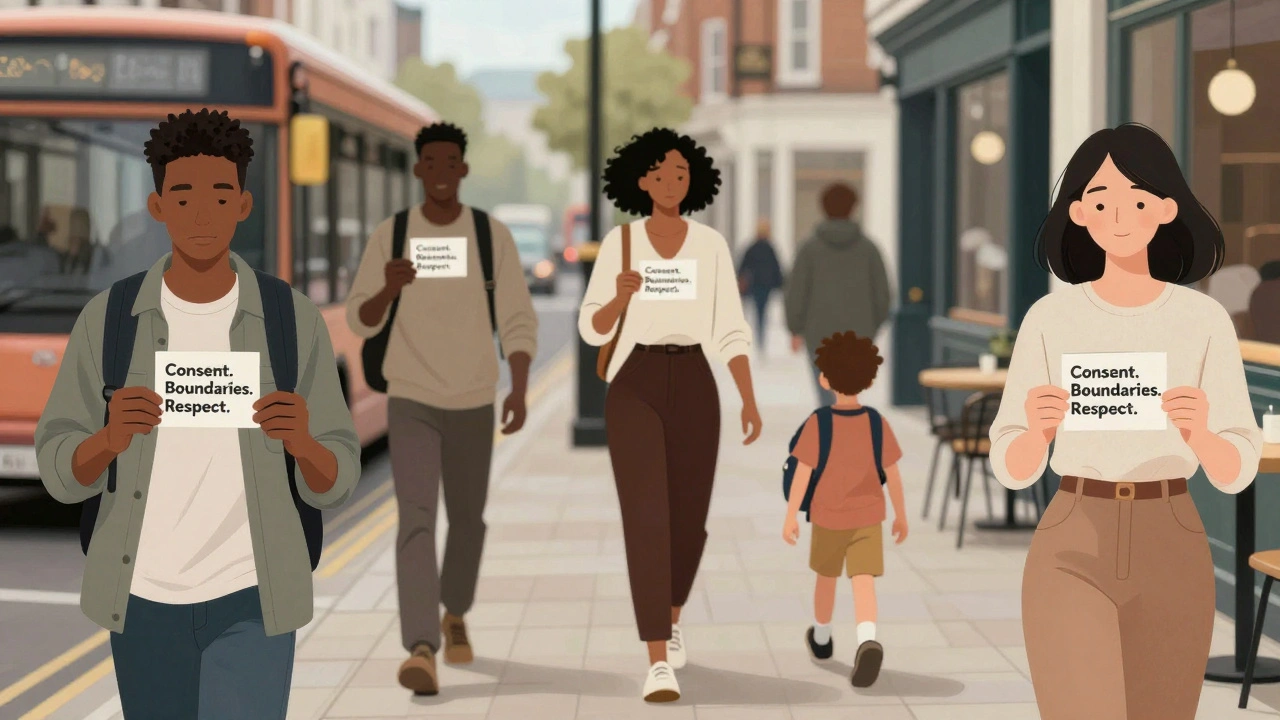 People in everyday UK settings hold cards with 'Consent. Boundaries. Respect.' — symbols of quiet dignity.