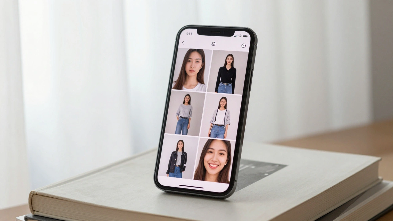 Smartphone displaying five authentic escort photos on a white curtain backdrop.