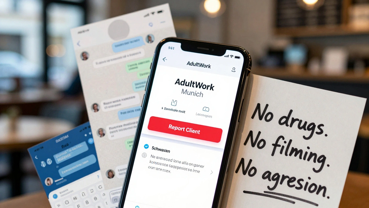 Smartphone screen showing an AdultWork report with payment logs and written boundaries nearby.