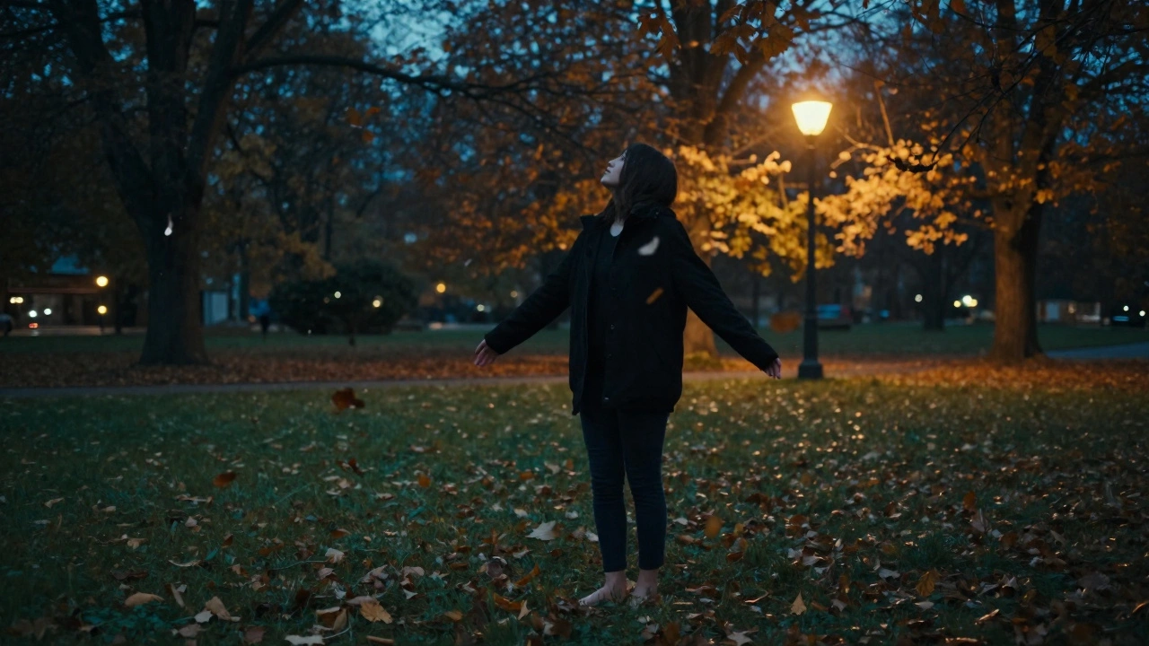 Someone standing barefoot in a park at twilight, reconnecting with nature and their body.