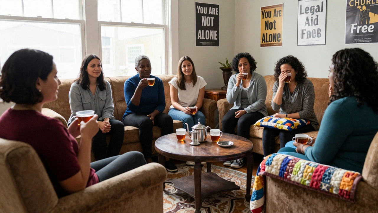 Survivors sit together in a supportive community room, receiving counseling with quiet solidarity.