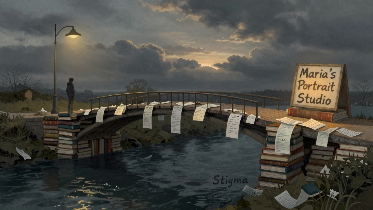 Symbolic bridge made of journals and receipts connecting isolation to a thriving portrait studio.