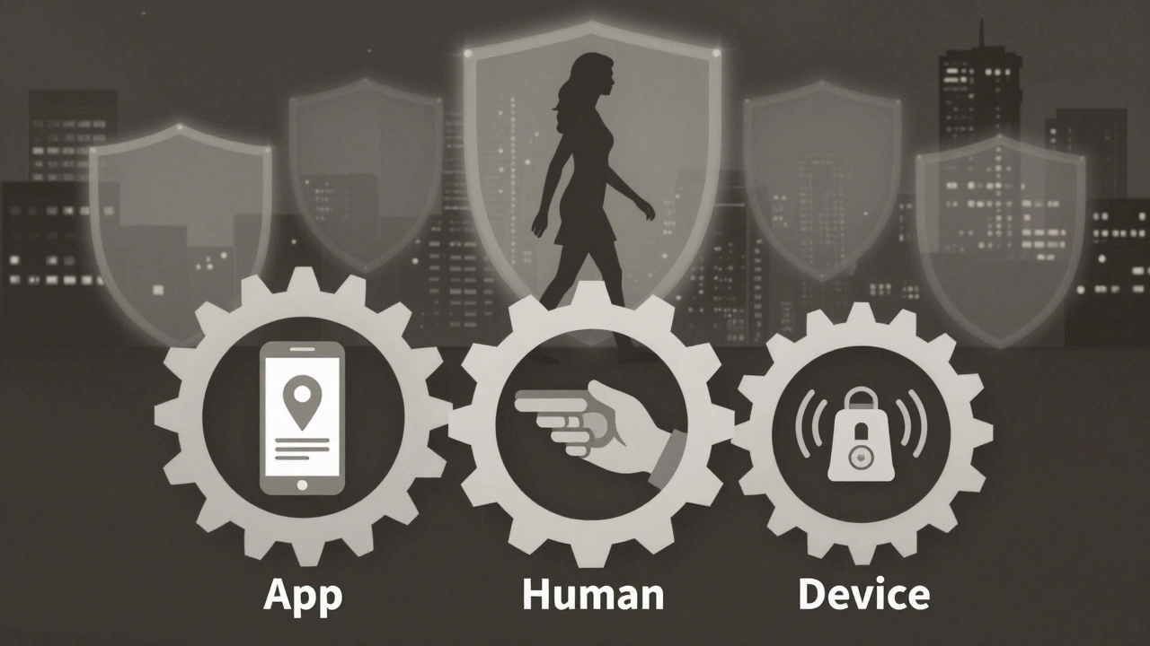 Three interconnected safety systems symbolized as gears with a woman walking safely at night.