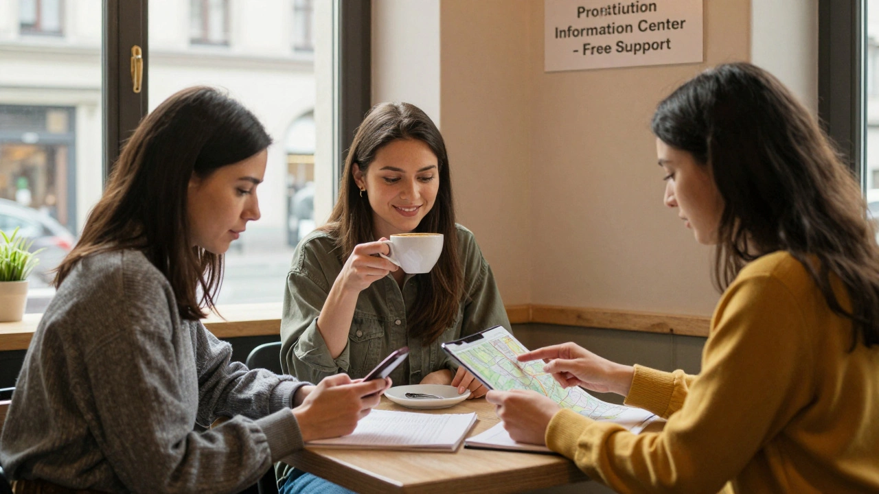 Three women in a Munich café supporting each other quietly, sharing safety tips and resources.