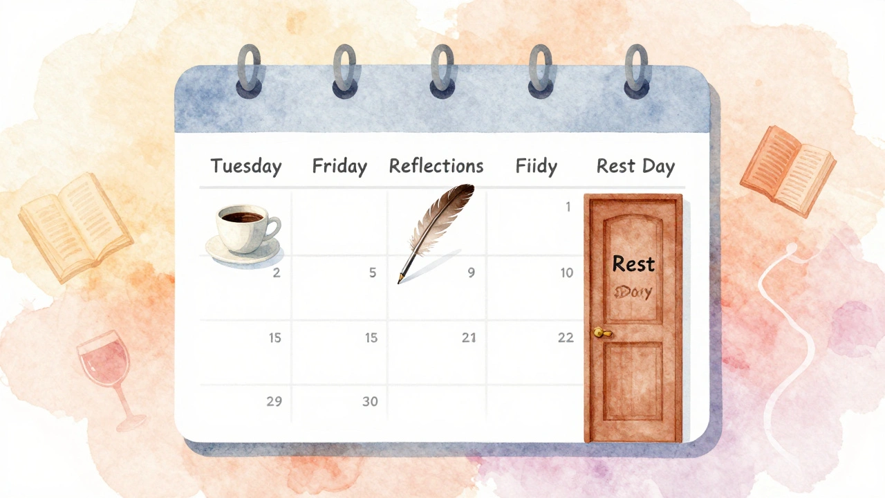 Watercolor calendar with coffee, pen, and door icons symbolizing consistent personal branding.