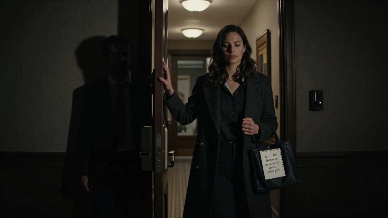 Woman calmly exiting a hotel room at night as a man's shadow looms behind her in the hallway.