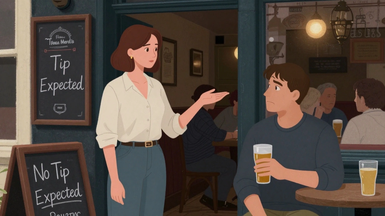 Woman gently guiding a client at a UK pub, highlighting cultural etiquette.