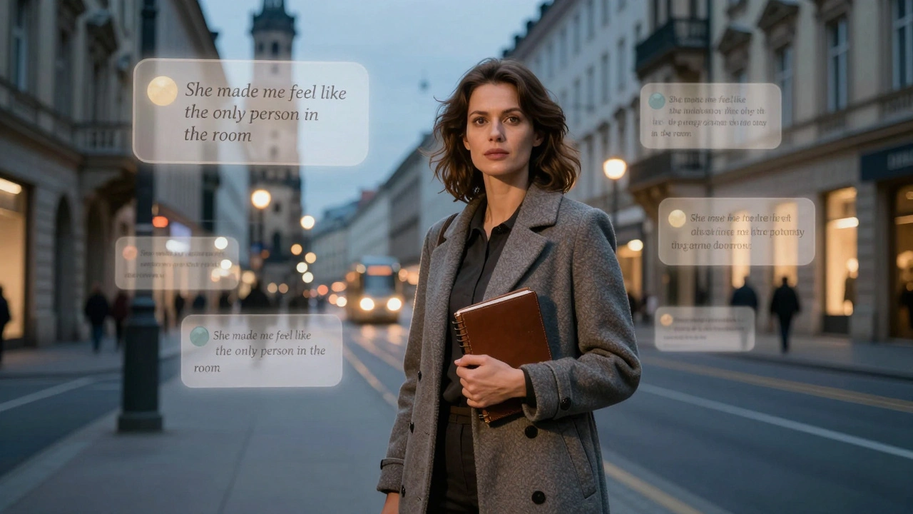 Woman on Munich street at dusk with floating positive testimonials glowing softly.