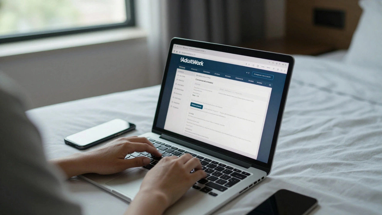 Woman reviewing a confirmed booking on laptop in hotel room with emergency contact phone nearby