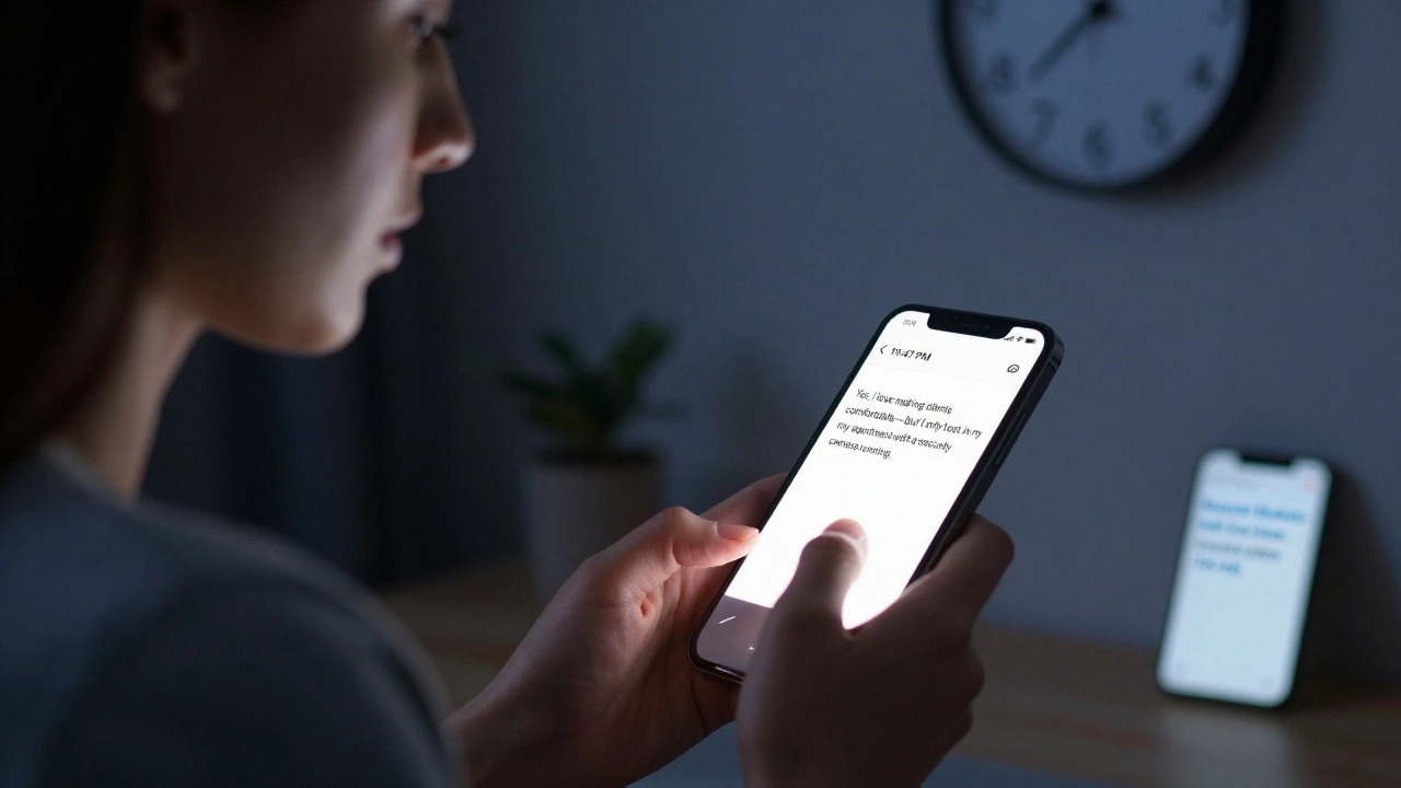 Woman typing a firm reply on her phone at night, with a safety group notification visible beside her.