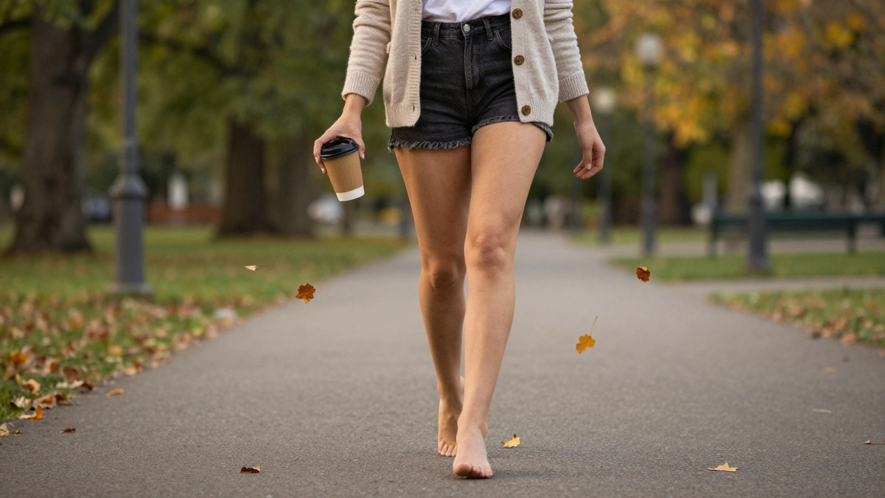 Woman walking in a park holding coffee, autumn leaves around her, relaxed and real.