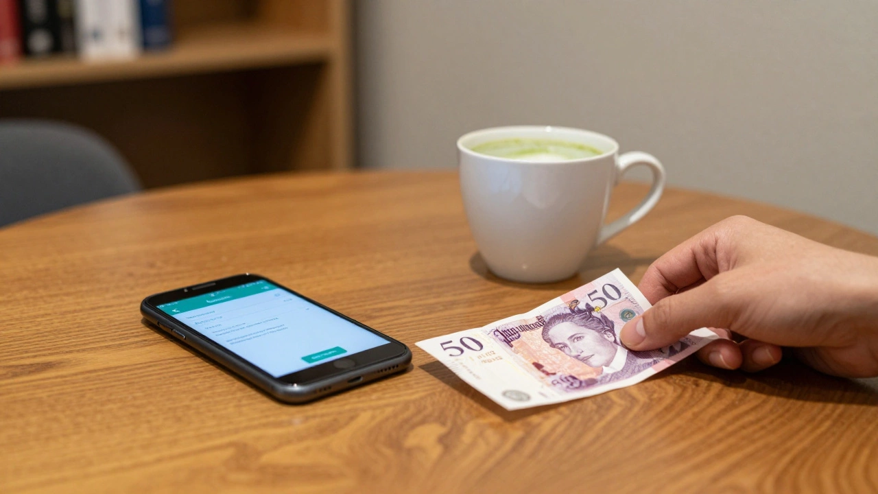 A hand places cash beside a phone showing a bank transfer, with a matcha latte nearby on a wooden table.