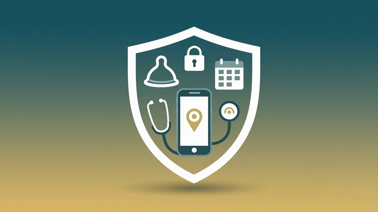 Symbolic shield made of condom, calendar, lock, phone, and stethoscope icons