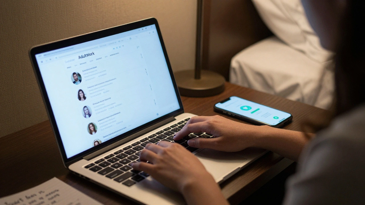 Woman working on laptop in hotel room with safety app and boundaries note